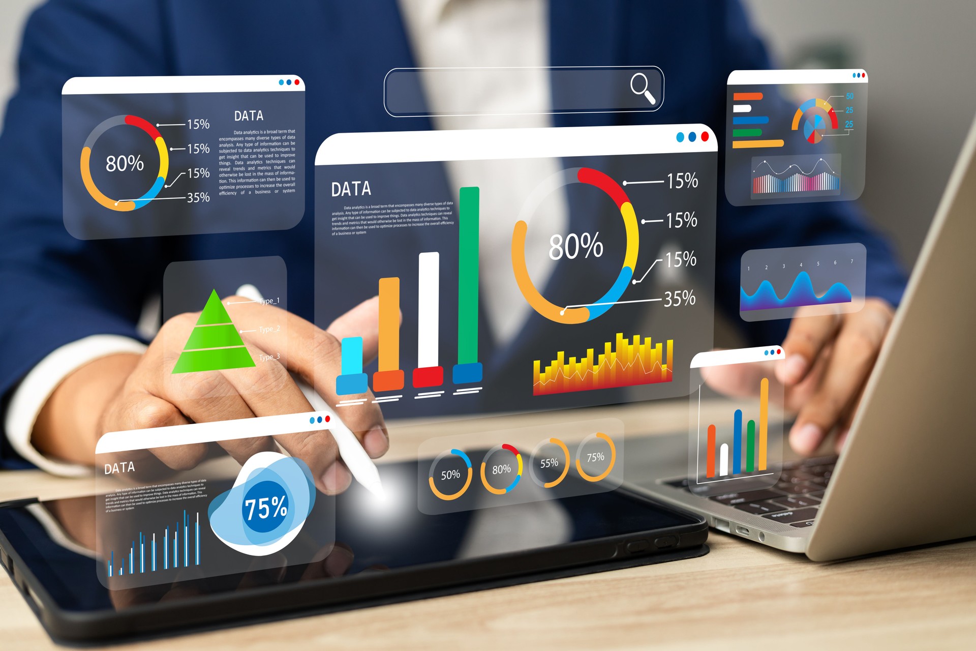 Analyst utilizing technology and dashboard with charts data science and Big Data technology for business, Strategic data management system with KPI organization performance with technology and metrics